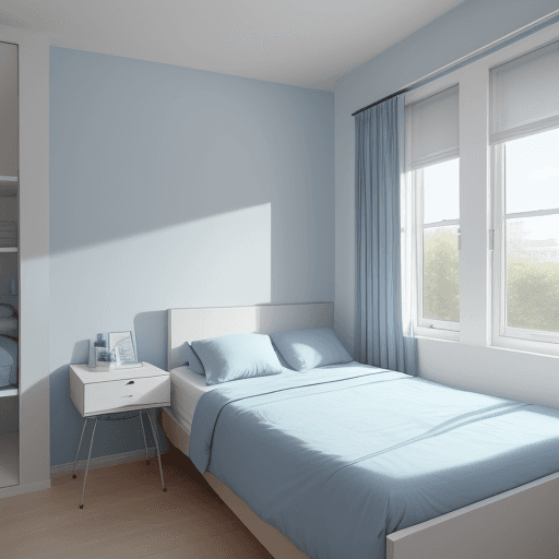 AI generated: Modern 3x3m² bedroom, large window, light blue color scheme, young couple, double bed, compact works...
