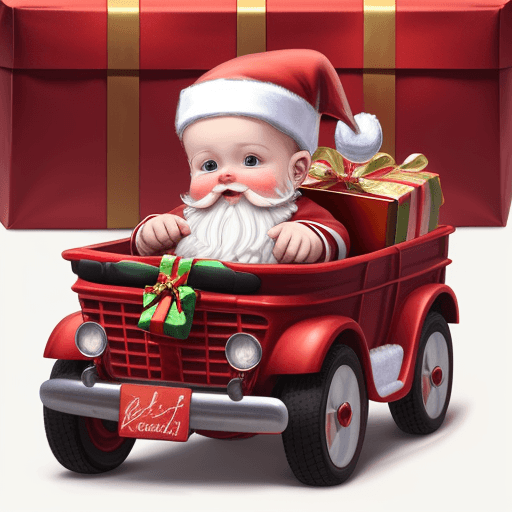 AI generated: realistic baby santa claus, with vasia gift basket and red cars in the background
