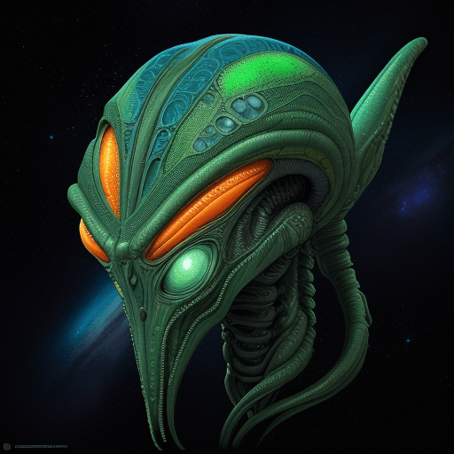 AI generated: highest quality photo of ((alien species)) space explorer (green:8), (orange:6), (blue:7), tentacles...