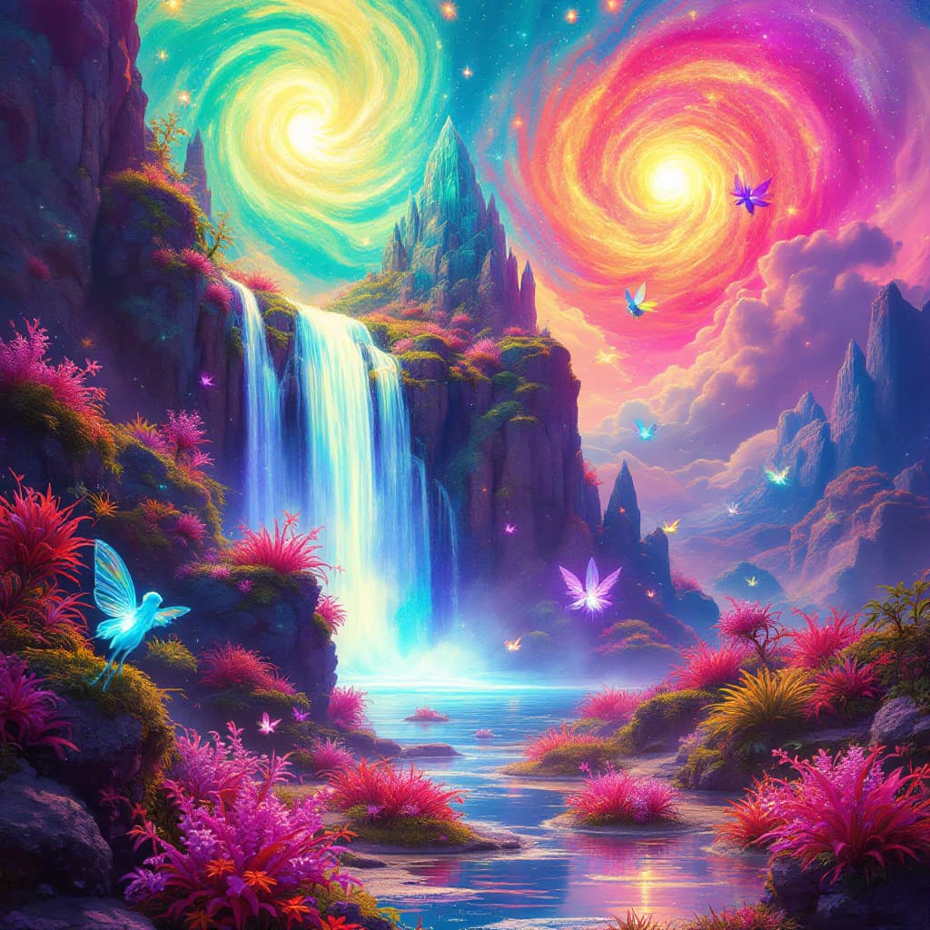 AI generated: A surreal dreamscape where a waterfall flows from a floating crystal mountain into a sky made of swi...