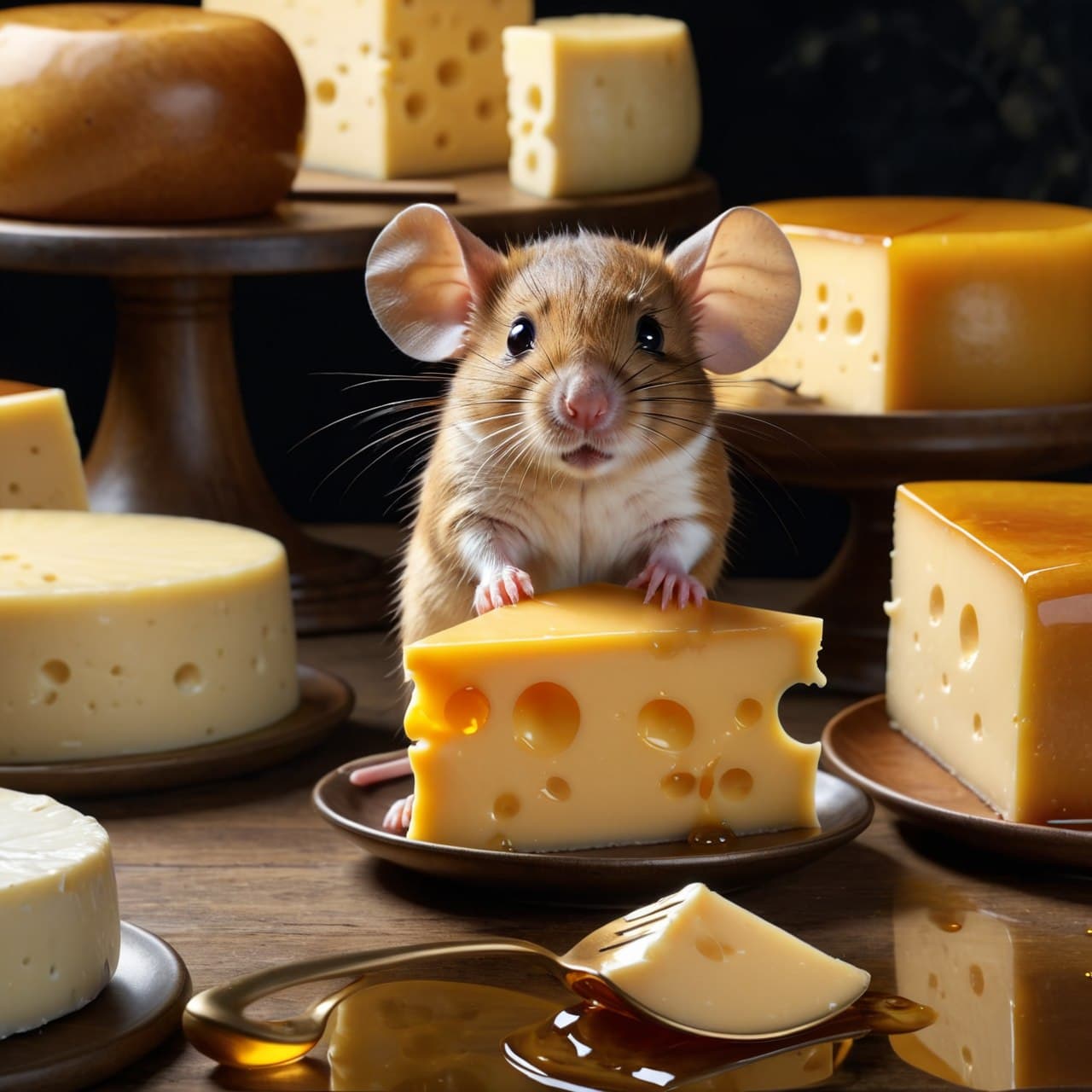 AI generated: Cheesepunk mouse cheese cult, glowing honey, sophisticated background matte painting, concept art, h...