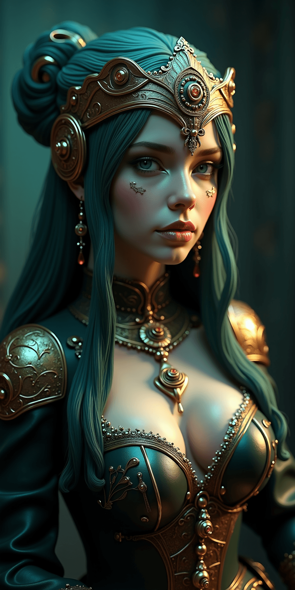 AI generated: A 3D render of a steampunk woman inspired by Bella Kotakâs dark fairytale aesthetic. She wears int...