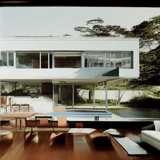AI generated: Hyper realistic eye level exterior photo of a mid century modern style house overlooking the ocean, ...