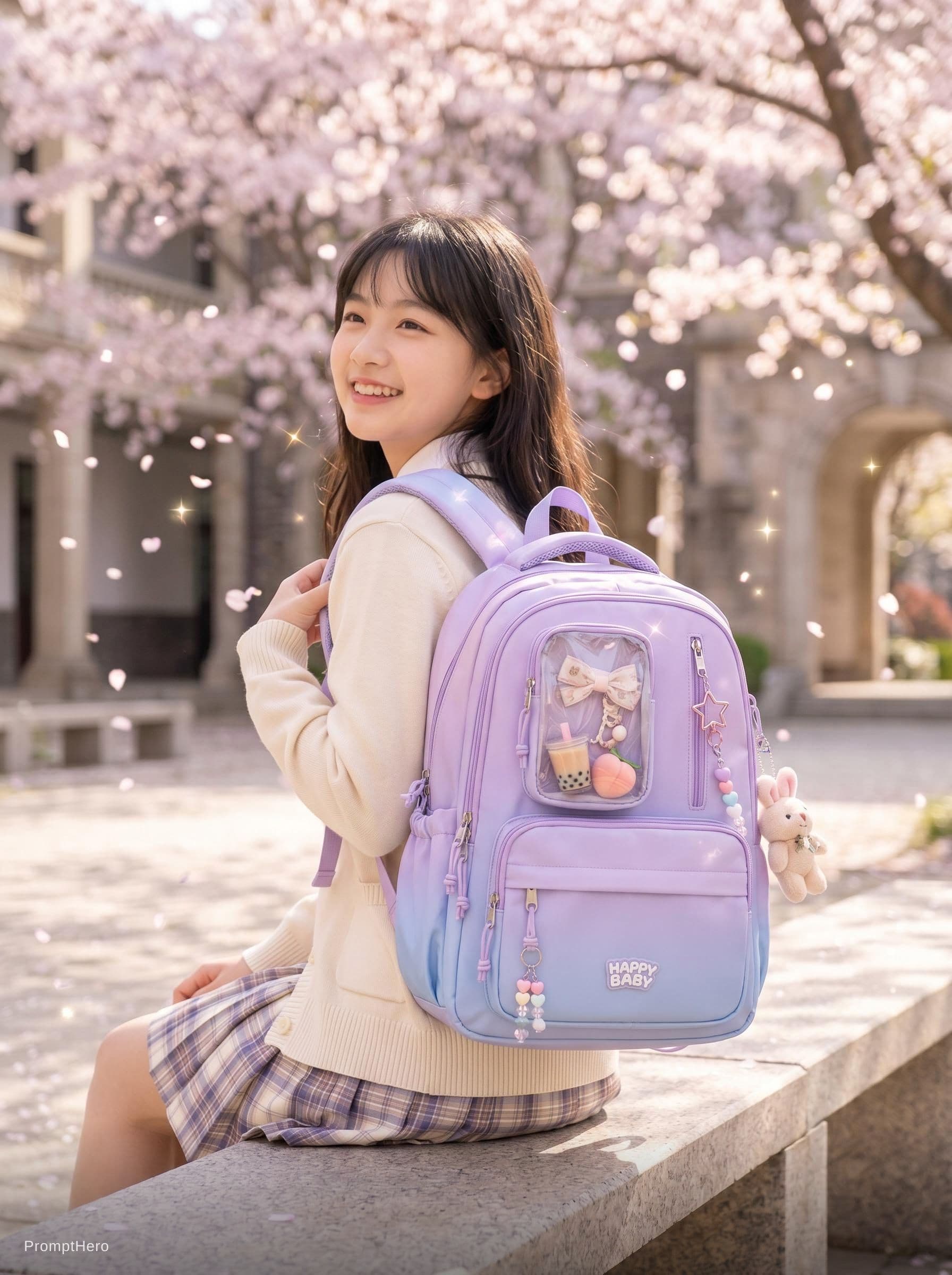 AI generated: Ultra-cute Korean and Chinese aesthetic photoshoot of a school backpack worn by a stylish teenage gi...