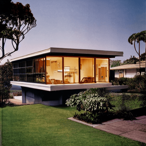 AI generated: hyper realistic eye level exterior photo of a mid century modern style house overlooking the ocean, ...