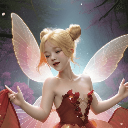 AI generated: Design a charming, tiny fairy with glowing, translucent wings, wearing a vibrant red petal-inspired ...
