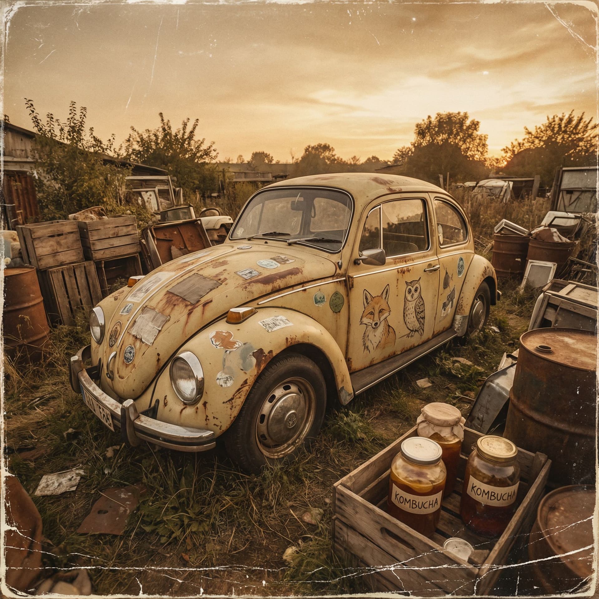 AI generated: vw beetle vintage photo, in the style of rustic simplicity, gritty reportage, kombuchapunk, rusty de...