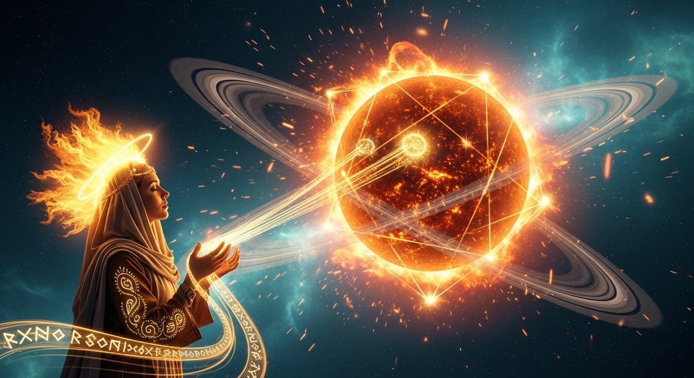 AI generated: YouTube thumbnail 16:9, cinematic space scene. Center: a Saturn-like planet with broad rings wrapped...