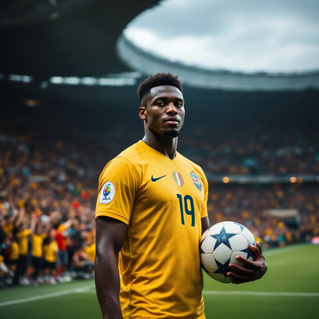 AI generated: A young professional football player with dark skin standing vibrantly in a football stadium in a li...