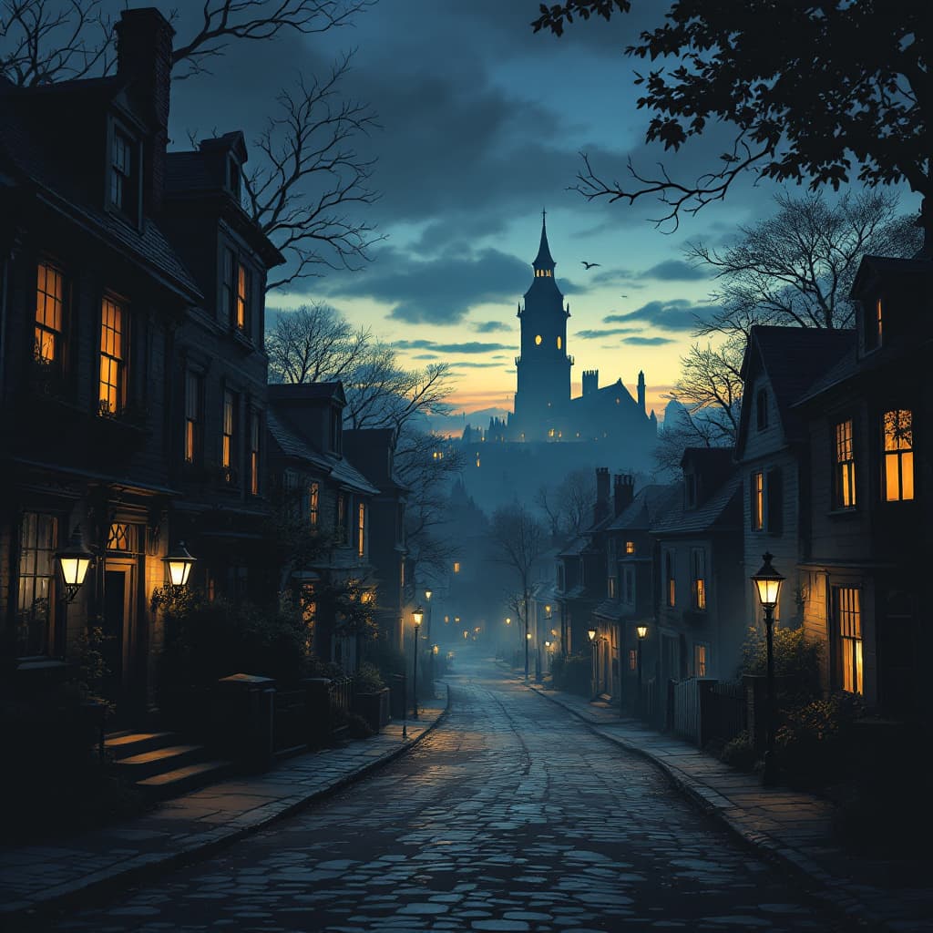 AI generated: Create an atmospheric and engaging full-width establishing shot of the town of Salem at twilight for...