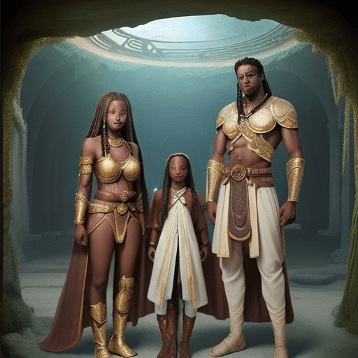 AI generated: Anime-styled Ancient family of brown skinned gods, soft fantasy attire, dressed in clothes, hair in ...