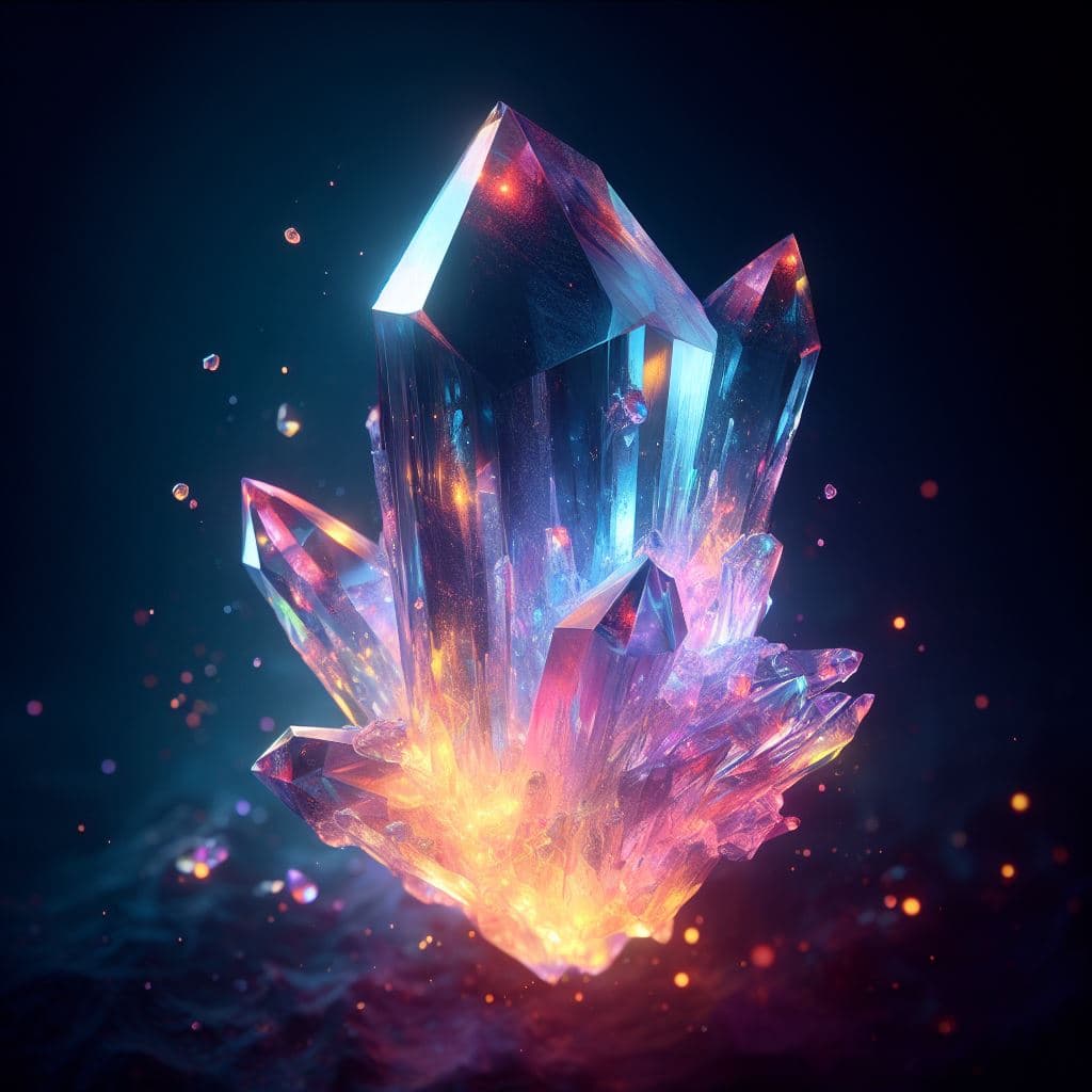 AI generated: A colorful glowing crystal on a cave, volumetric lighting, f:1. 2, 4k