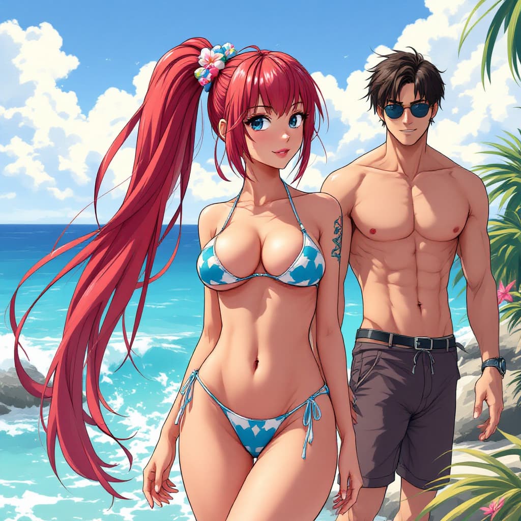 AI generated: Anime cartoon style, Yoko Littner wearing a bikini, no pants, man standing behind