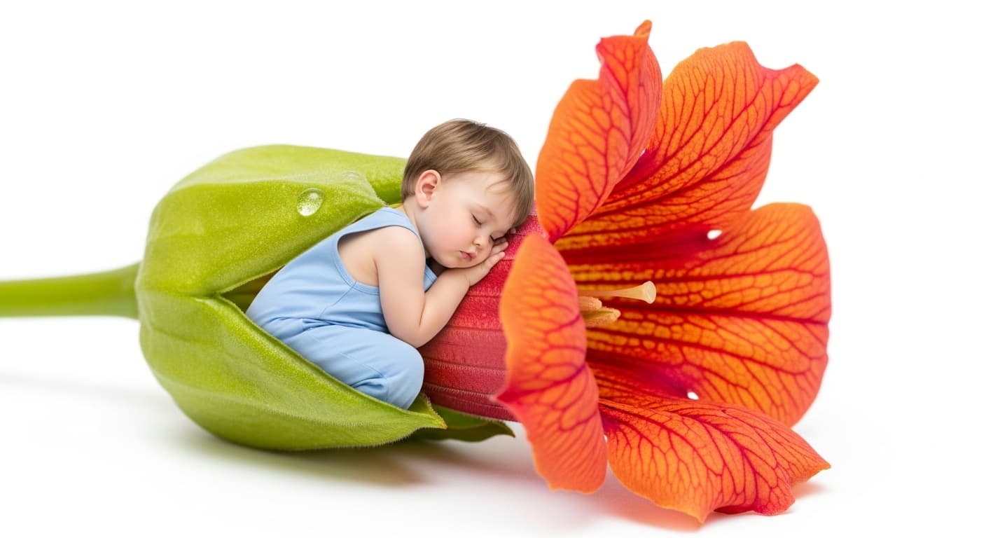AI generated: In the calyx of an exotic flower a very cute toddler boy lies and sleeps, white background