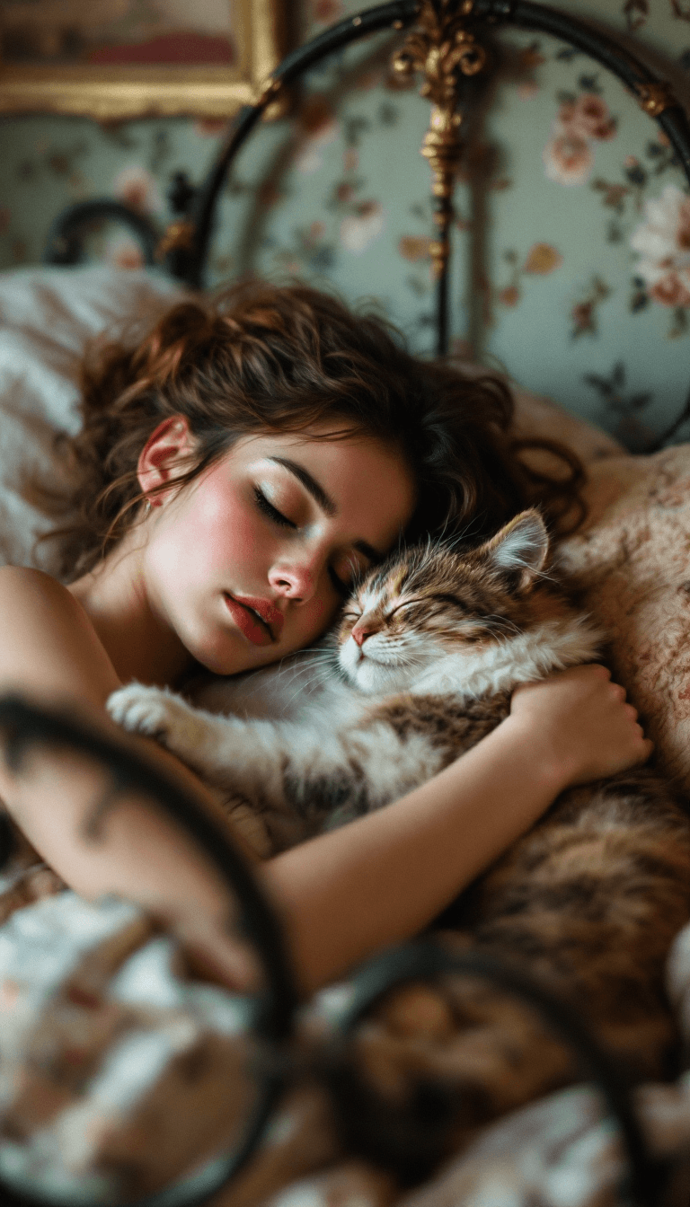 AI generated: a closeup photo of a bohemian woman with rosy skin and a cat, they are cuddled up and sleeping in a ...