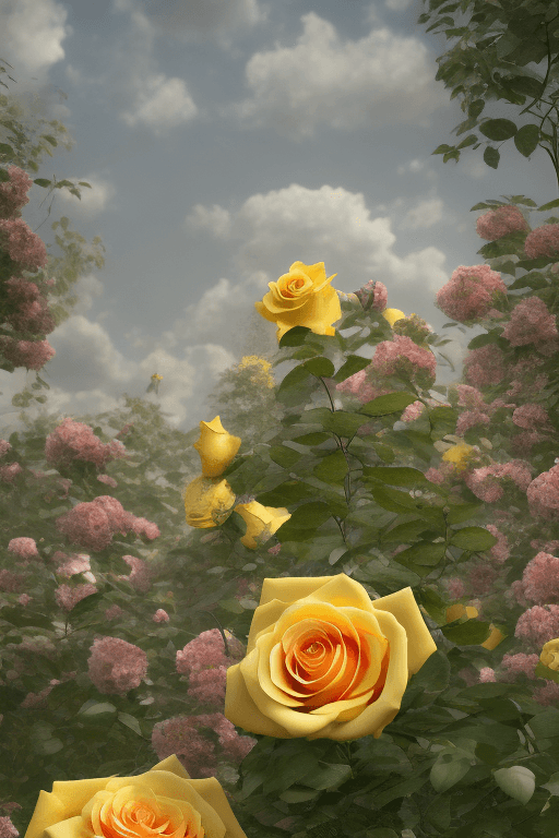 AI generated: << Garden factory, Tall factory, Many  yellow rose, A few roses, clouds, ultra wide shot, atmospheri...