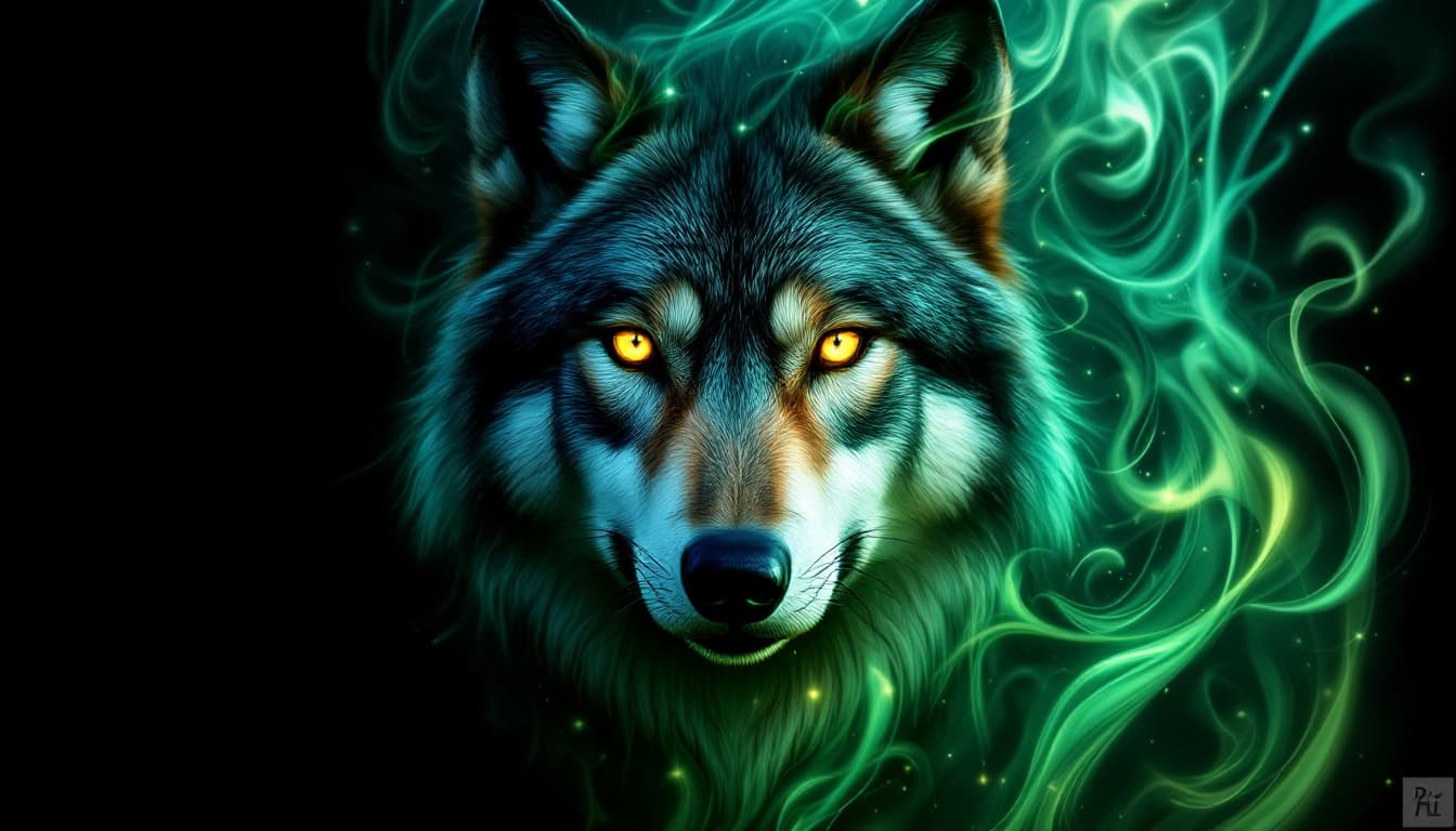 AI generated: a hyperrealistic portrait of a wolf's head, featuring intense yellow eyes that convey strength and w...