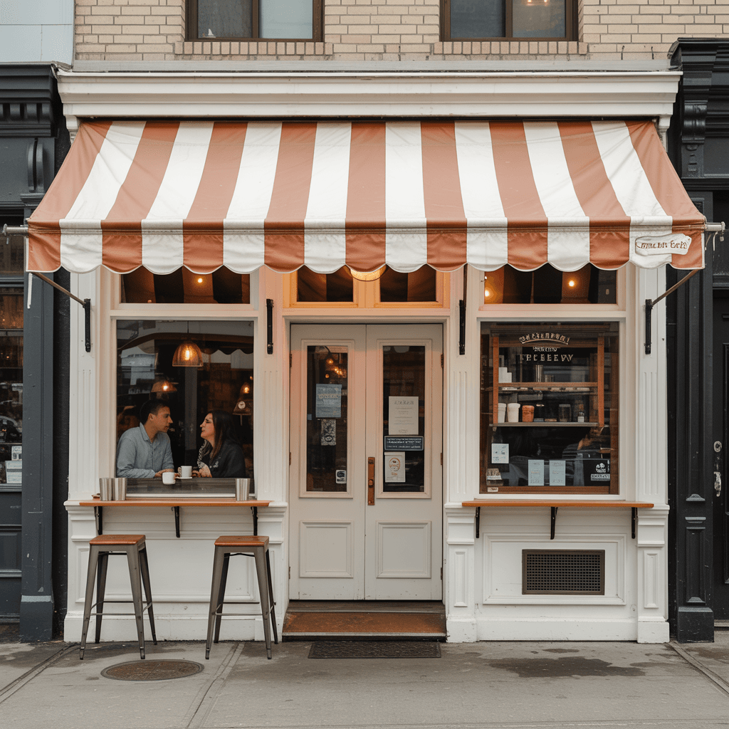 AI generated: The exterior of a ground level small coffee-bakery shop with no other floors above , with white wind...
