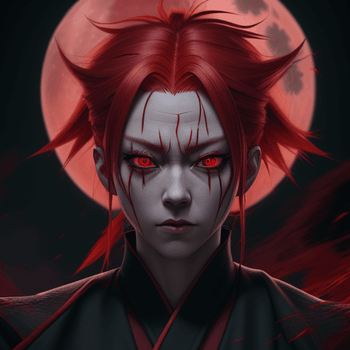 AI generated: Hyper realistic eye level, portrait of sukuna with red hairs, jujutsu kaisen, full red moon, uhd, ul...