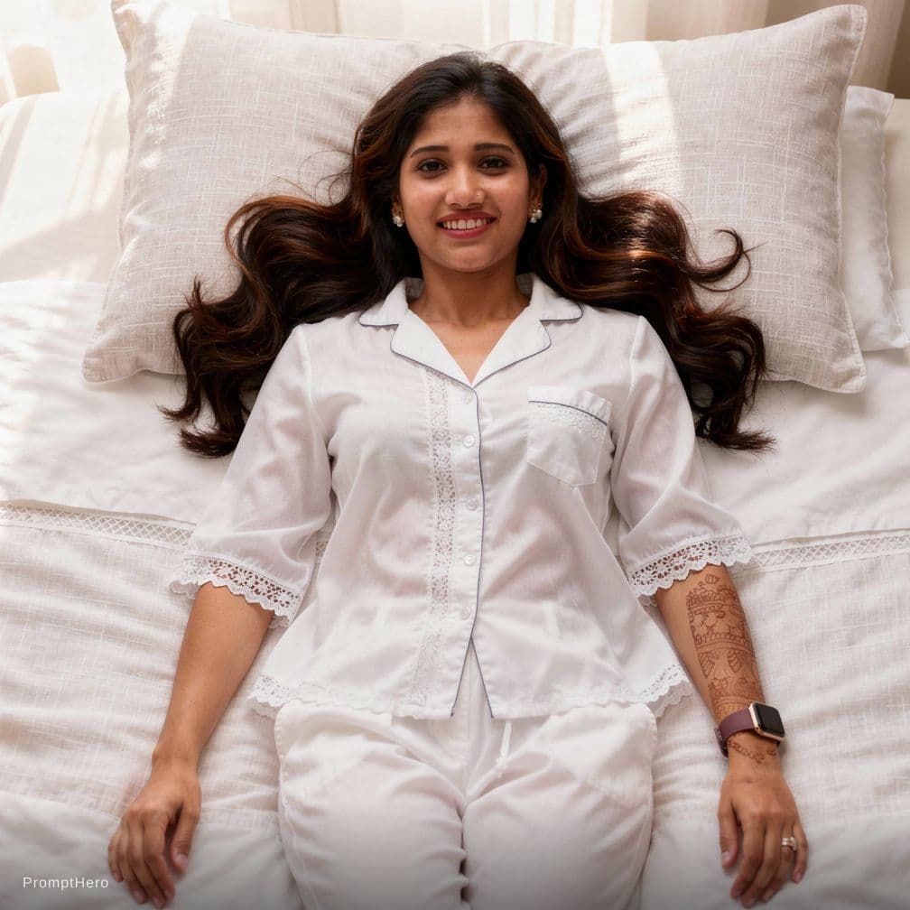 AI generated: Create a high-resolution photograph of a fit adult woman lying on her back in a bed covered with pri...