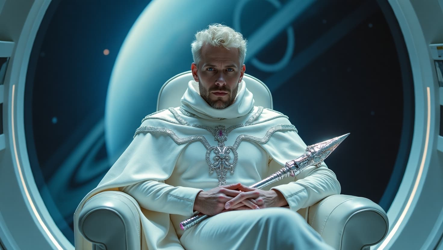 AI generated: White male prince seated on a transparent throne