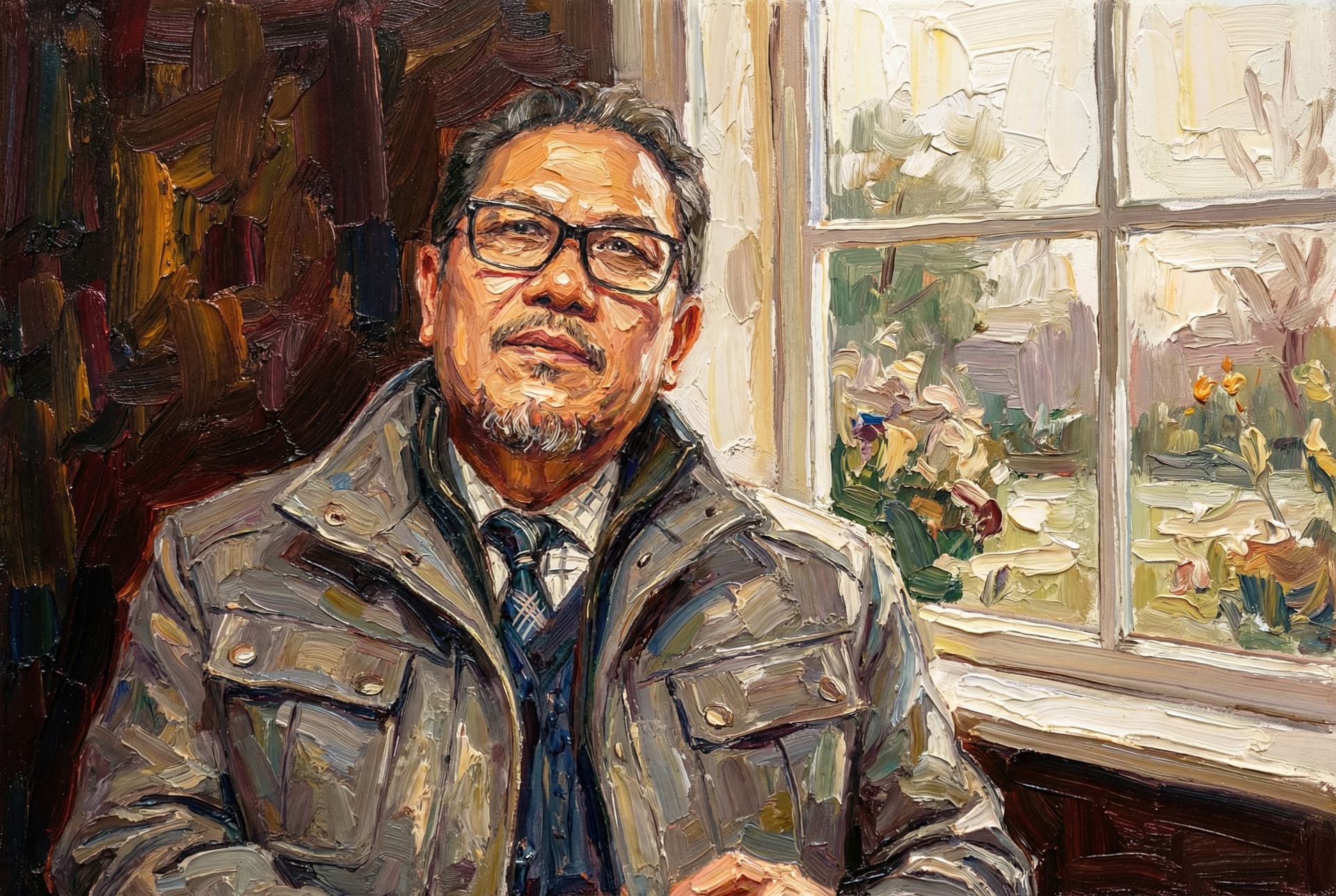 AI generated: a painting of a man (face image provided) sitting near a window,in the style of men ,playfully intri...