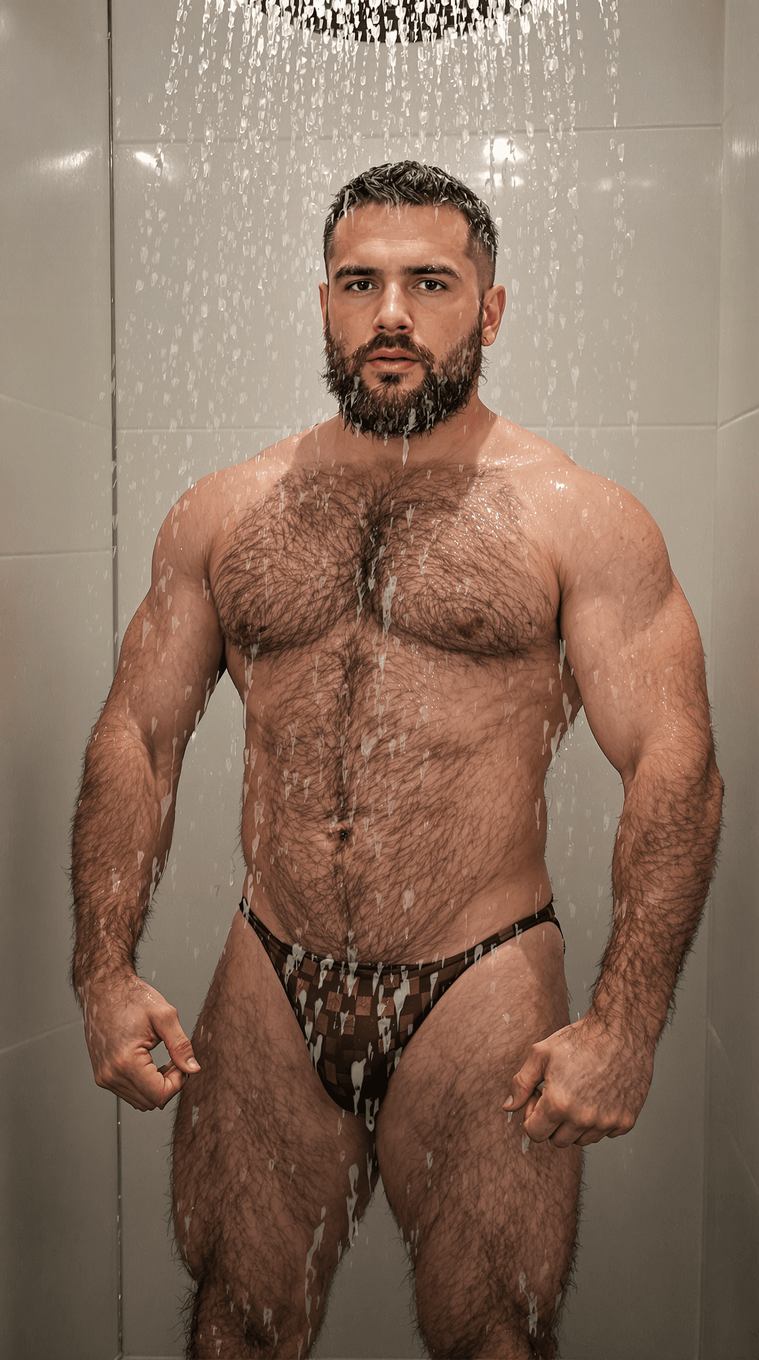 AI generated: RAW photo, sweedish man posing, flex his muscle, 30 years old, beautiful face, hary chest, big hairy...