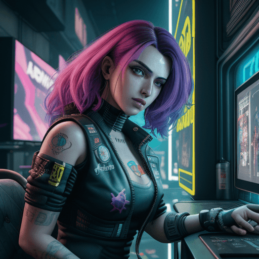AI generated: un protagonista di cyberpunk 2077 con un ciuffo,i capelli castani,gli occhi rossi,carnagione oliavas...