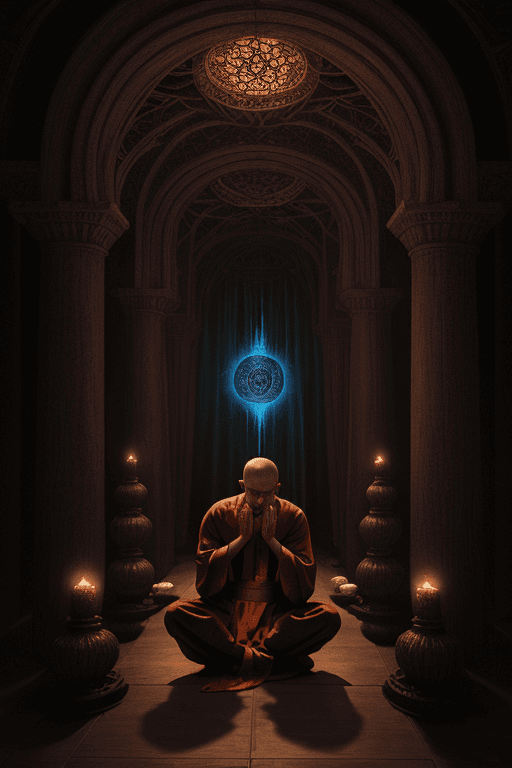 AI generated: man Monk in robe prays in lotus pose, fantasy art, (dark atmosphere), cinematic, intricate, mystical...