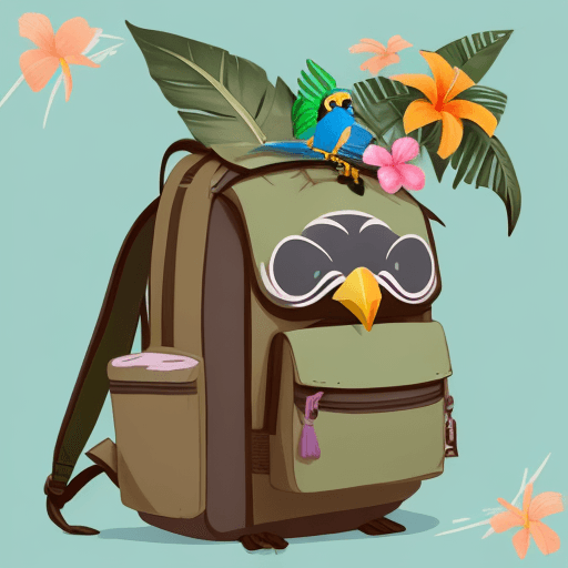 AI generated: Design a character logo featuring a tropical bird with a backpack and a hat with a flower on top of ...