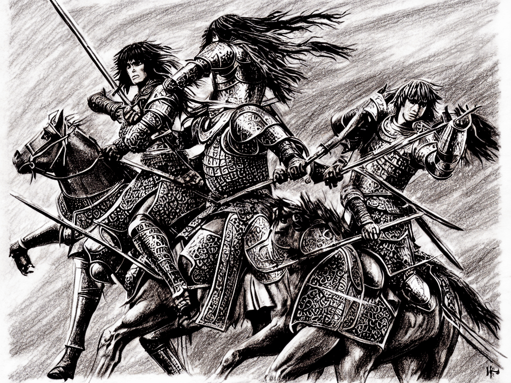 AI generated: drawing of a knight and a princess, rinding a horse, at night time, highly detailed, slavic mytholog...