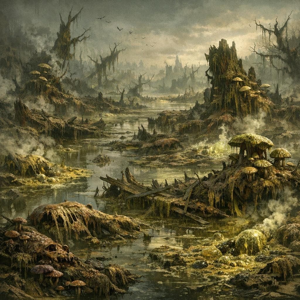 AI generated: Create a unique environment/Biome of a Decay → The Rotting Mire (sinking land, constant decompositio...