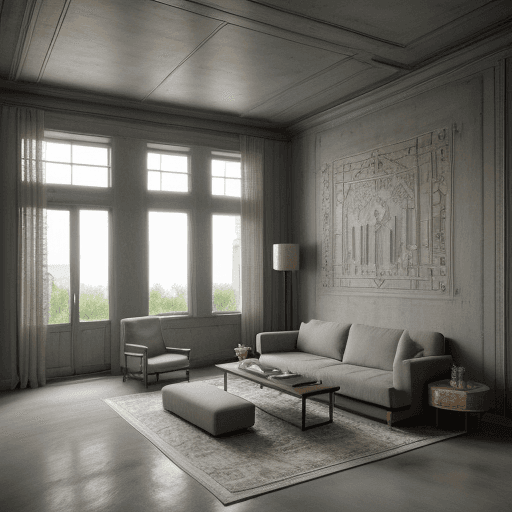 AI generated: High resolution photography interior design, dreamy sunken bedroom conversation pit, concrete floor,...