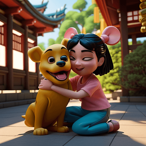 AI generated: A very cute Disney character, cuddling her playful dog (companion), in a beautiful Asian temple, sun...