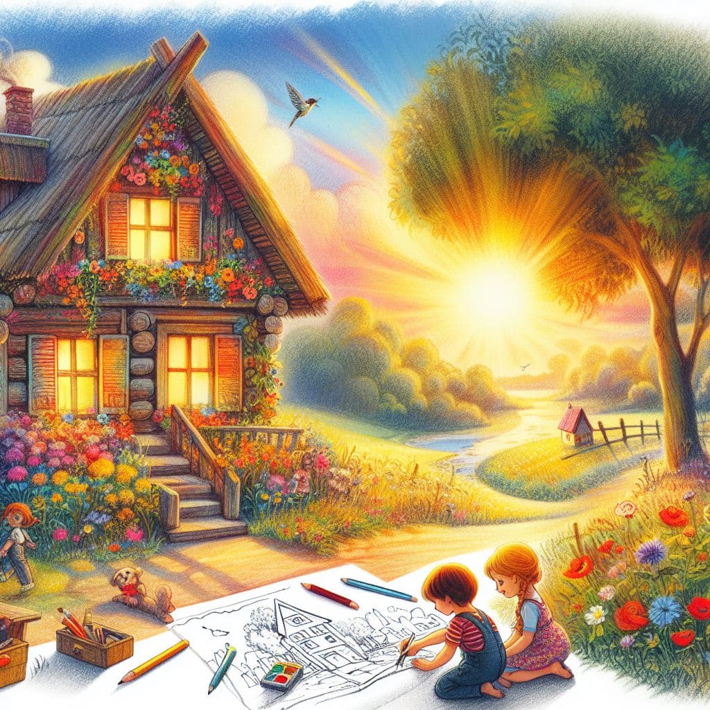 AI generated: a child drawing of children and a house, in the style of nature-inspired art, , colorful animation s...