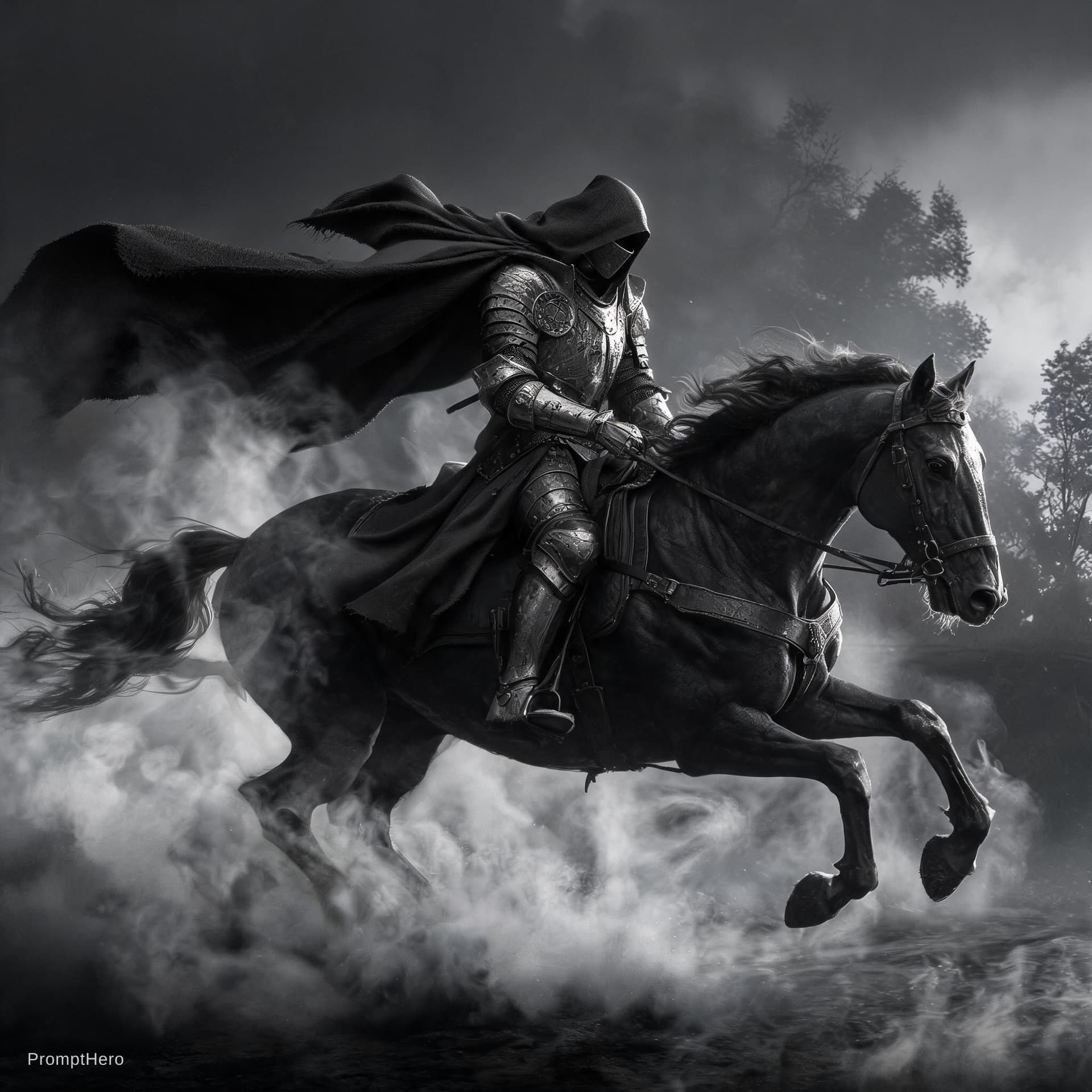 AI generated: Black and white art of a hooded knight riding his horse in full gallop, smoke around him, detailed, ...