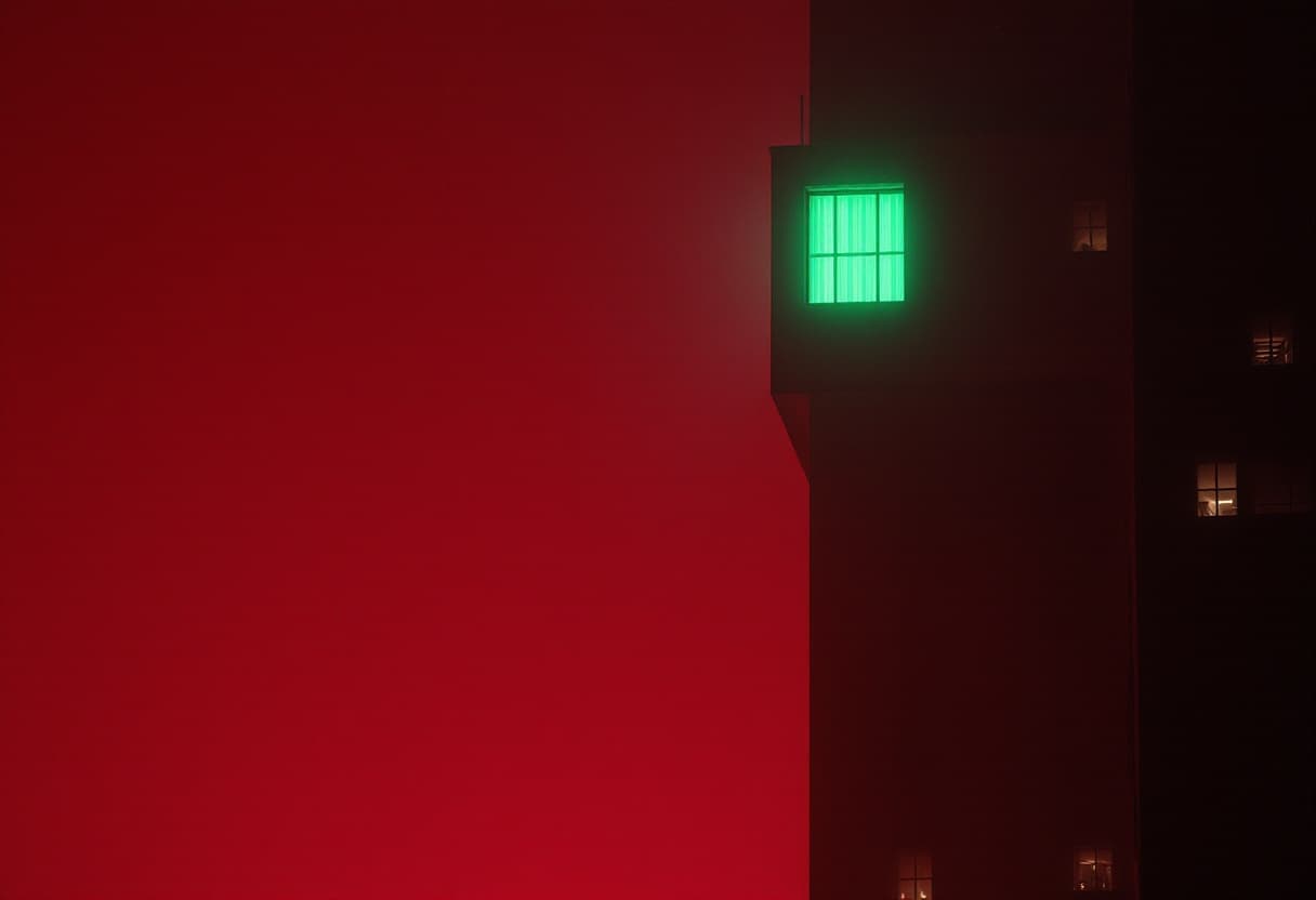 AI generated: Scene Capsule
Night-drenched high-rise vanishes in burgundy fog. A single emerald-green window up ne...