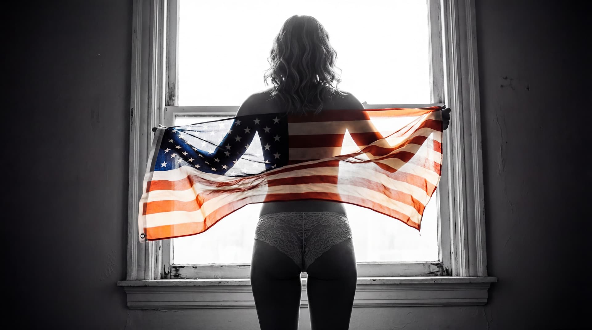 AI generated: A realistic backlit silhouette photograph of an American, fit and toned female model standing with h...