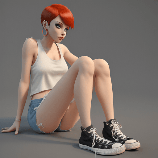 AI generated: a drawing of 28 year old cute girl with ripped pants and converse shoes, earrings, tank top, red sho...