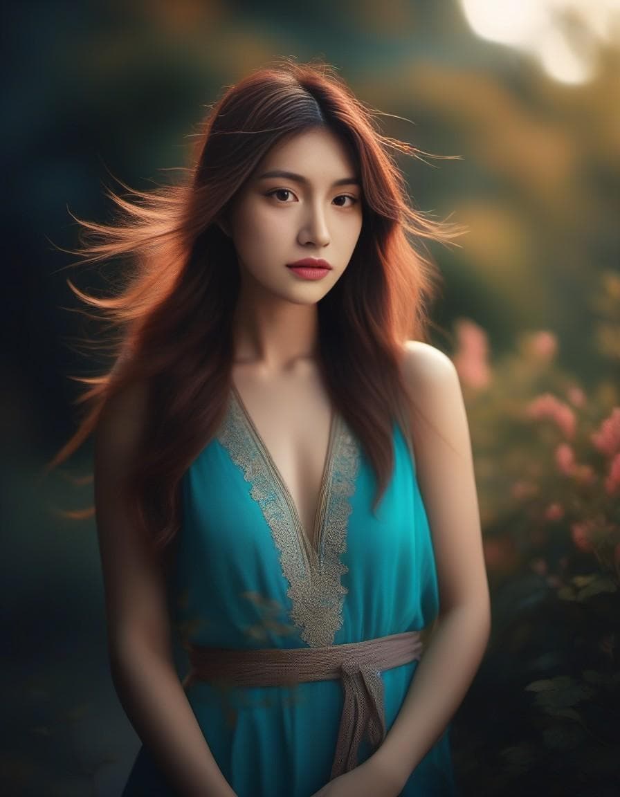 AI generated: a girl, light dress, strong wind, long pink hair, (apterus style:1.3), (dark shot:1.4), 80mm, soft l...