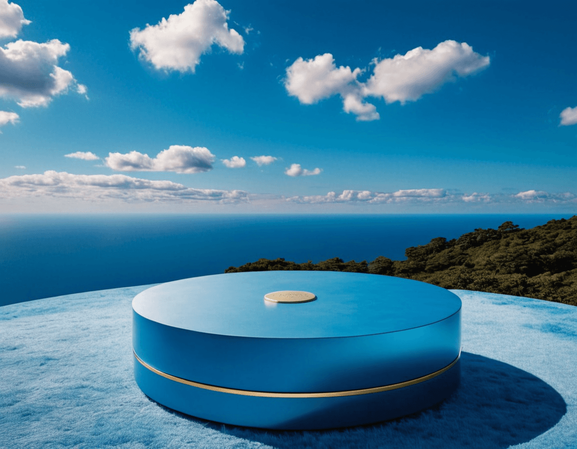 AI generated: Product photography, beautiful blue podium for product, super detalised and fashion, with puffy clou...