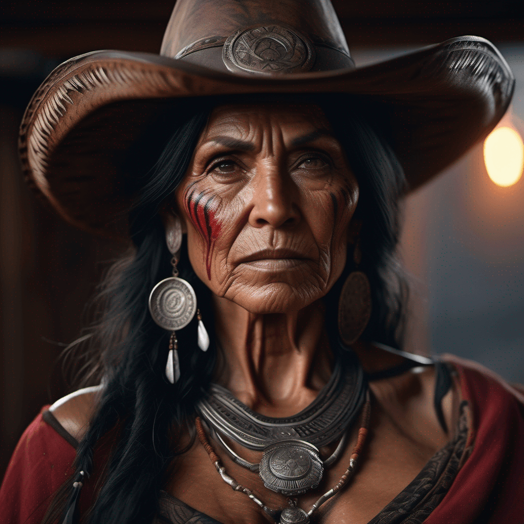 AI generated: A portrait of an old  Native American Indian Woman, face tattoos, large earrings, large necklace, lo...