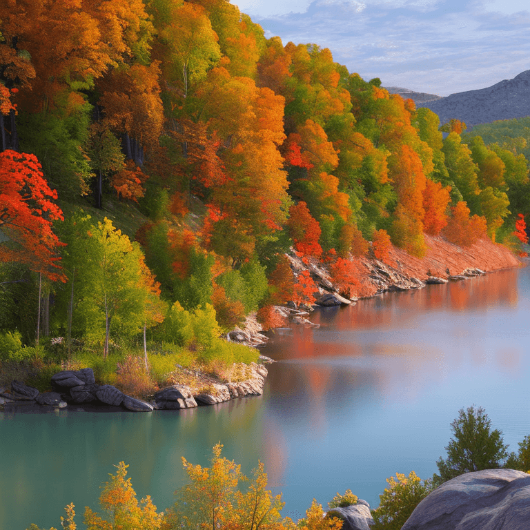 AI generated: photorealistic oil on canvas, 
hill, river, tree, red
beautiful setting, fall,
Foreground,
unreal en...