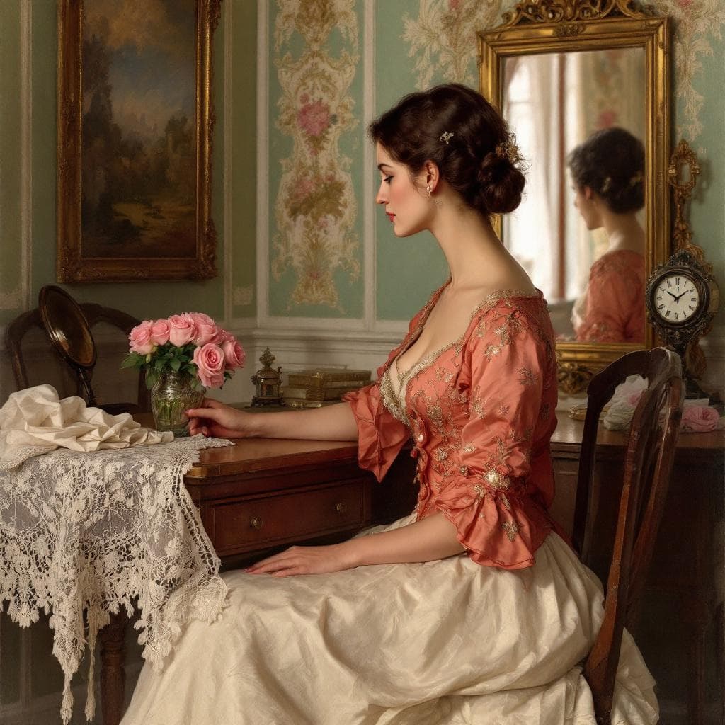 AI generated: (Masterpiece), ((“Lady at Her Dressing Table” by Fernand Toussaint, 1900)), inspired by Fernand Tous...