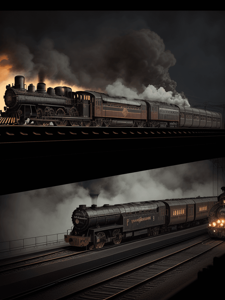 AI generated: steampunk train chugging black smoke at the station in the middle of the night, looking straight dow...