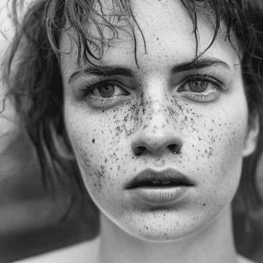 AI generated: detailed and realistic portrait of a woman with a few freckles, round eyes and short messy hair shot...