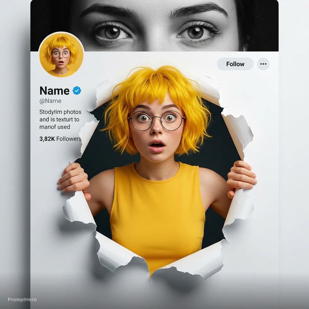 AI generated: A creative 3D photo manipulation of a social media profile interface, featuring a surprised young wo...