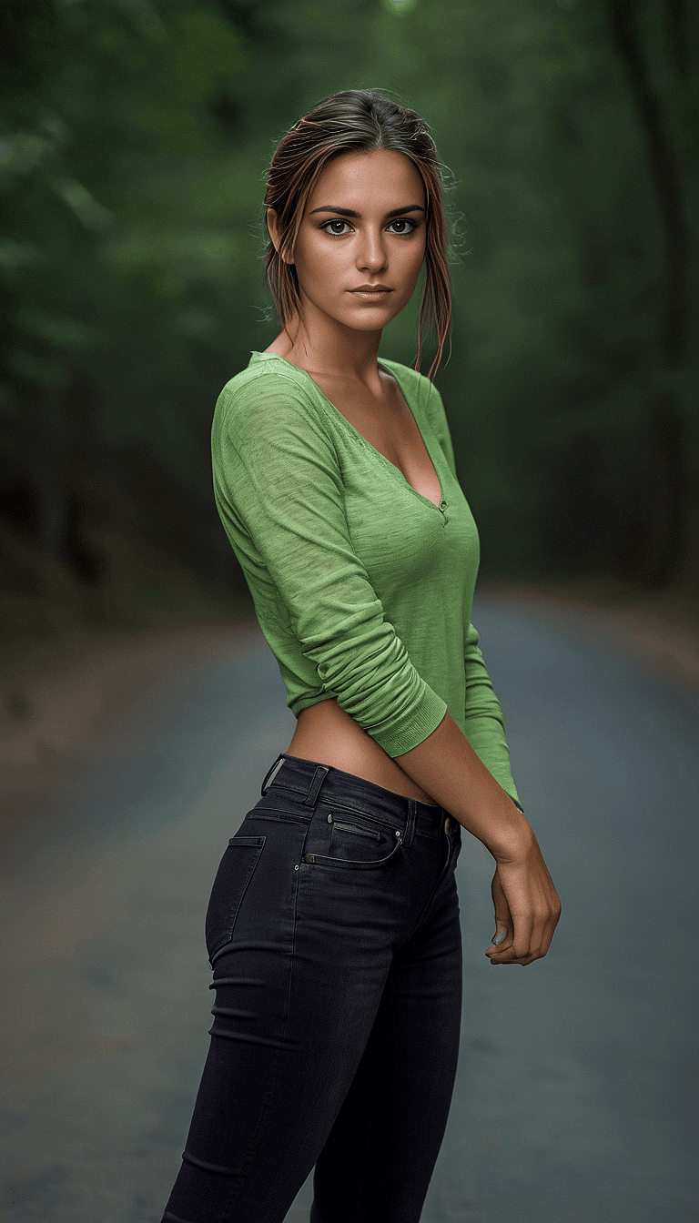 AI generated: An image of a woman in a forest setting during the day. She is standing with her left shoulder towar...
