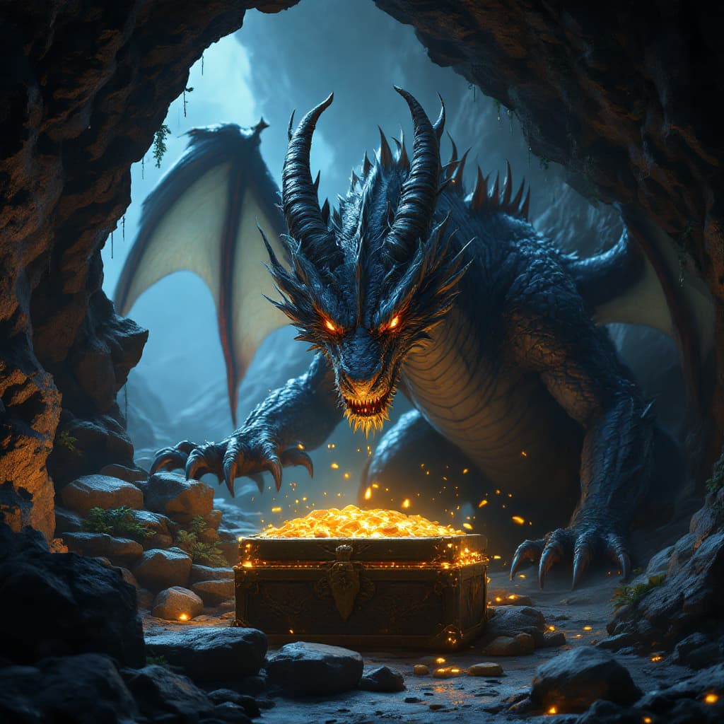 AI generated: A fantasy book illustration featuring a majestic dragon guarding treasure in a dimly lit cave. octan...