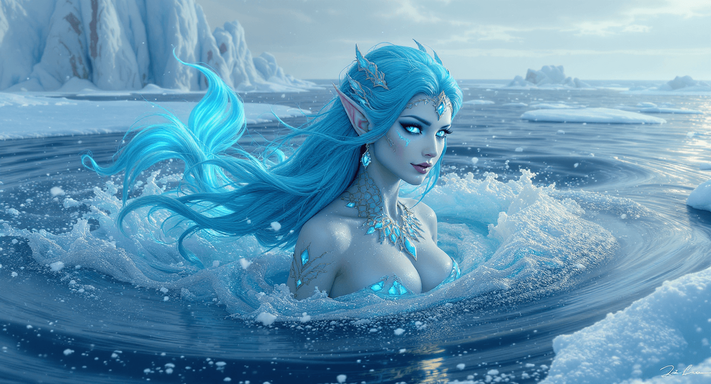 AI generated: A turquoise-haired siren emerges from the sea,her long turquoise hair and hypnotic blue eyes drawing...